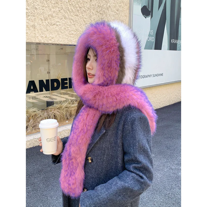 

2026 Fashion Lady Real Fox Fur Hat Scarf Winter Warm Fluffy 100% Natural Fox Fur Hat Scarves Women Knitted Genuine Fur Cap Shawl