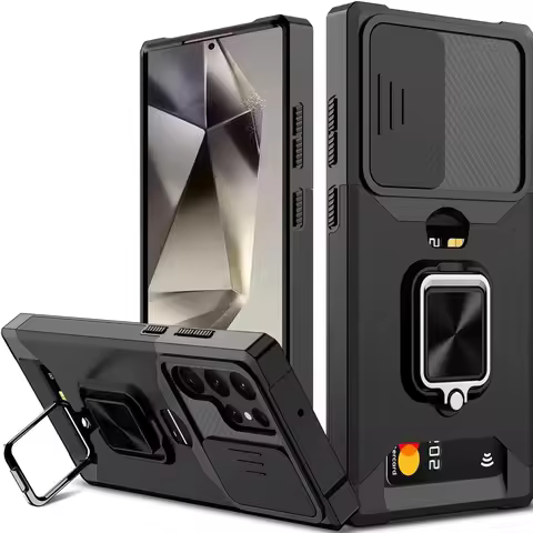 Case For Samsung S25 S24 S23 FE S22 S21 Ultra Note 20 Plus A16 A55 A35 5G FE Slide Camera Card Holder Magnetic Kickstand Cover