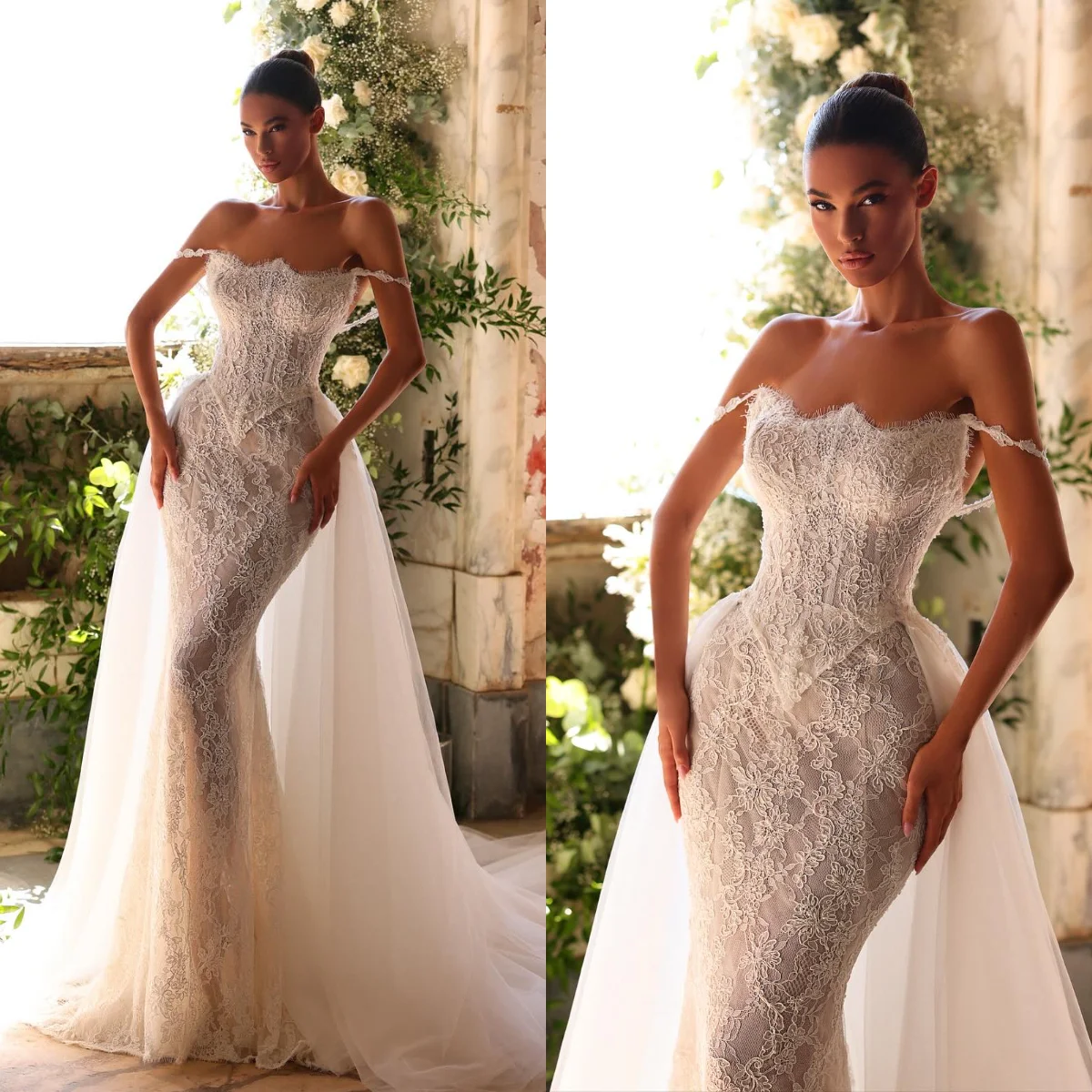 

Шикарное кружевное свадебное платье с отстегивающимся шлейфом, свадебные платья в стиле русалка, индивидуальный пошив, с открытыми плечами, Vestido de novia