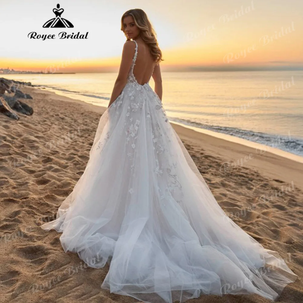 Deep V Neck Spaghetti Straps A‑Line Wedding Dress 3D Floral Lace Soft Tulle Bridal Gown Open Back Beach Destination Customized