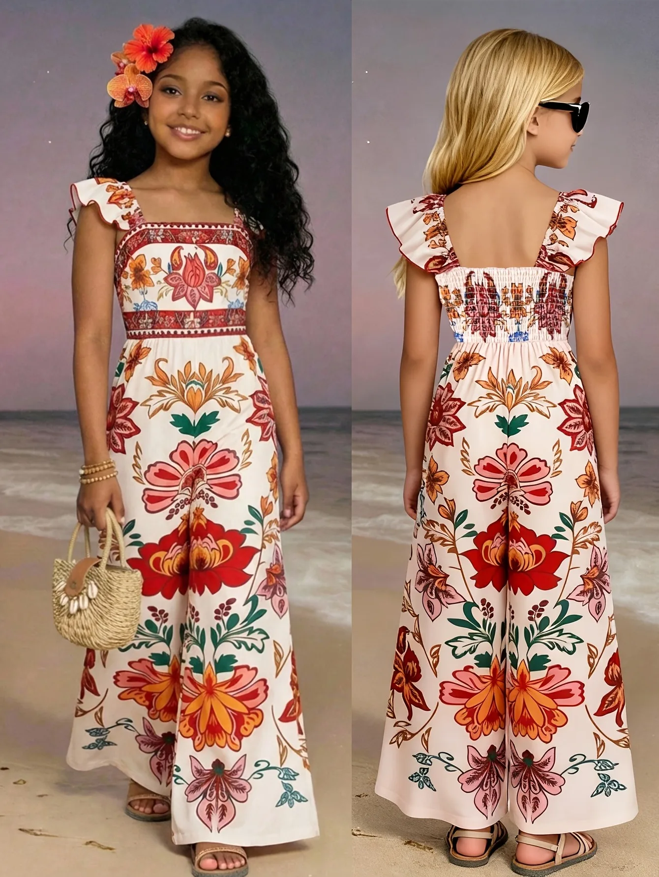 Girls Boho Floral Print Jumpsuit Ruffle Strap Square Neck Wide Leg One Piece Outfit Kids Summer Beach Holiday Wear For 4-12Y