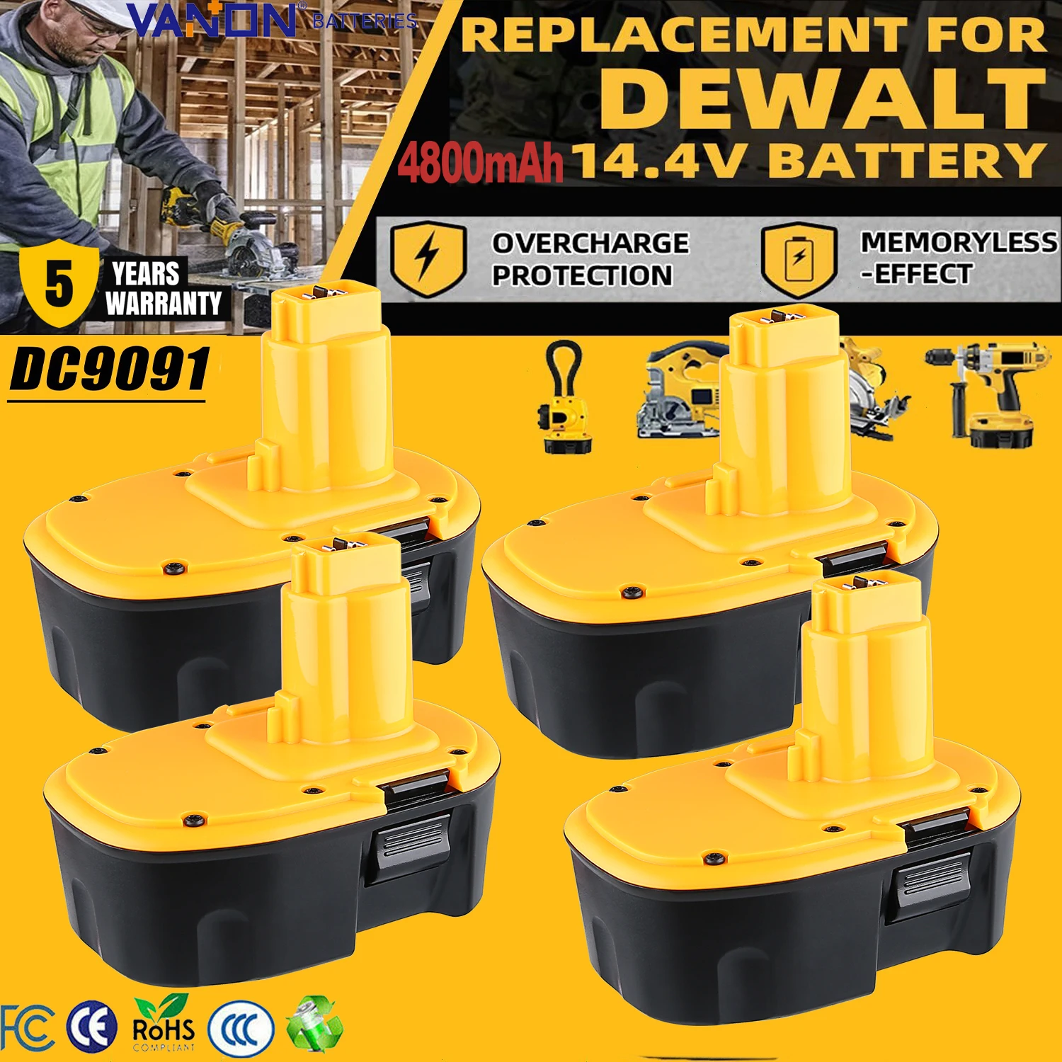 

Vanon 1/2/4PCS DC9091 4.8Ah Ni-Mh Replace for Dewalt 14.4V Battery Pin Compatible with DW9091 DW9094 DE9091 DE9092 DE9038