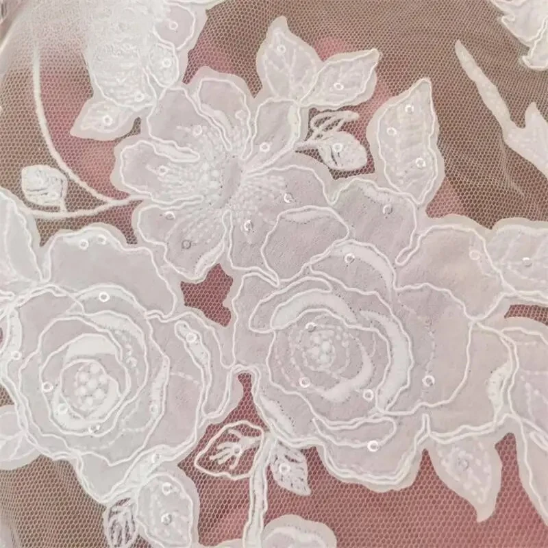 Applique Sequin Embroidery  Flower Lace Fabric, Advanced Border Bride Fabric. High Quality Wedding Dress Background Decoration