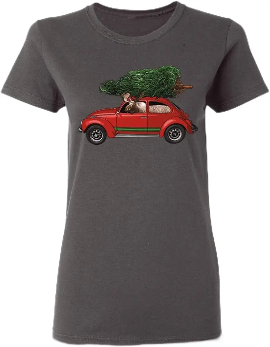 Happy Holiday Cartoon Moose Driver Christmas T-Shirt for Women Crew Neck Tee Shirts