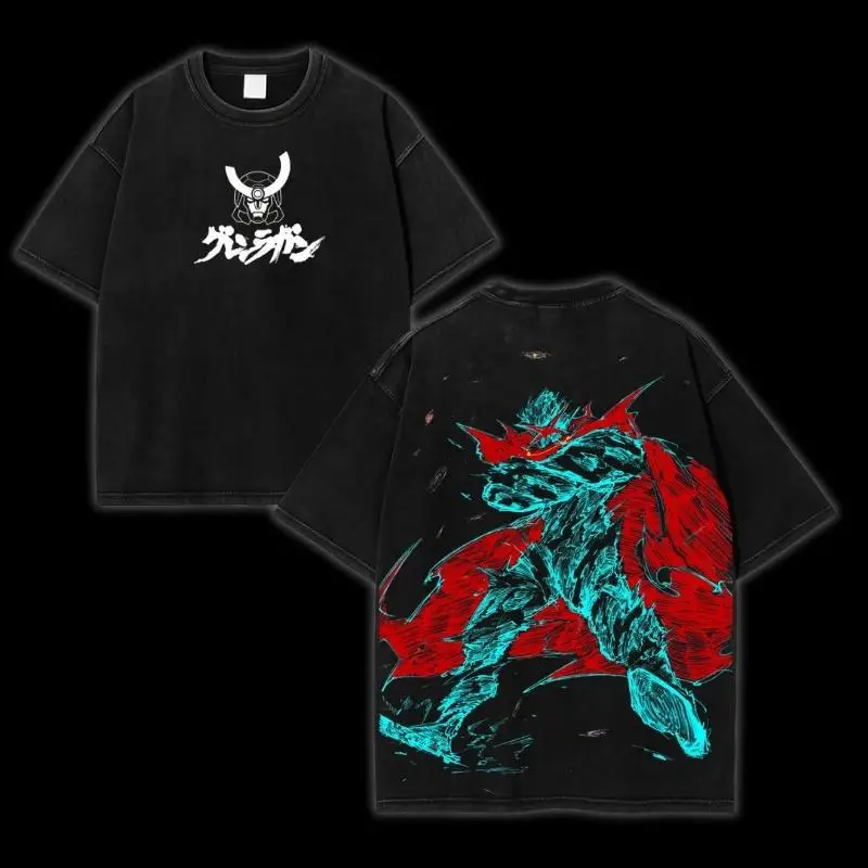 

Tengen Toppa Gurren Lagann “Spiral Overdrive Protocol” Oversized Tee – Acid Washed Lightweight Cotton, Crimson Skull Crest Front