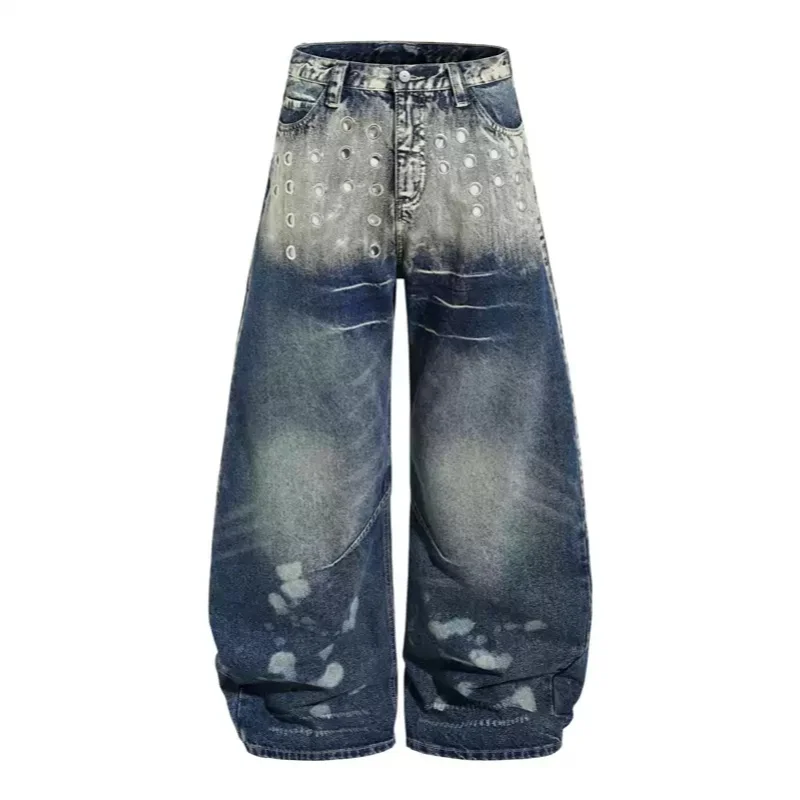 

American Style Metal Hole Knife Jeans Splicing Design Unisex Loose Straight Gradual Change Color Wide Leg Long Pants