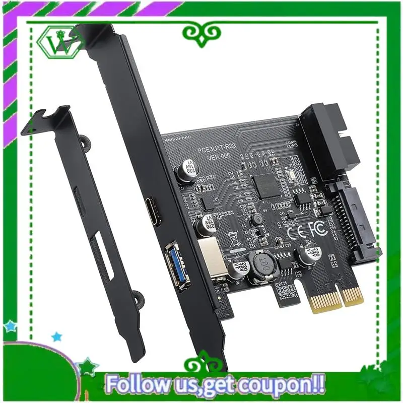 ABIK-PCI-E 1X para USB 3.2 Gen1 USB3.2 Tipo-C Placa adaptadora frontal 2 portas (Tipo C + Tipo A) Placa de expansão