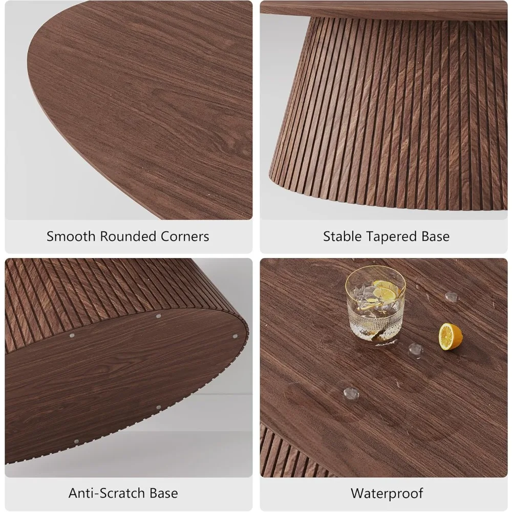 Meja Kopi Oval, Meja Kopi Modern Abad Pertengahan dengan Desain Bergalur, Meja Teh Kecil Unik dengan Lapisan Kayu