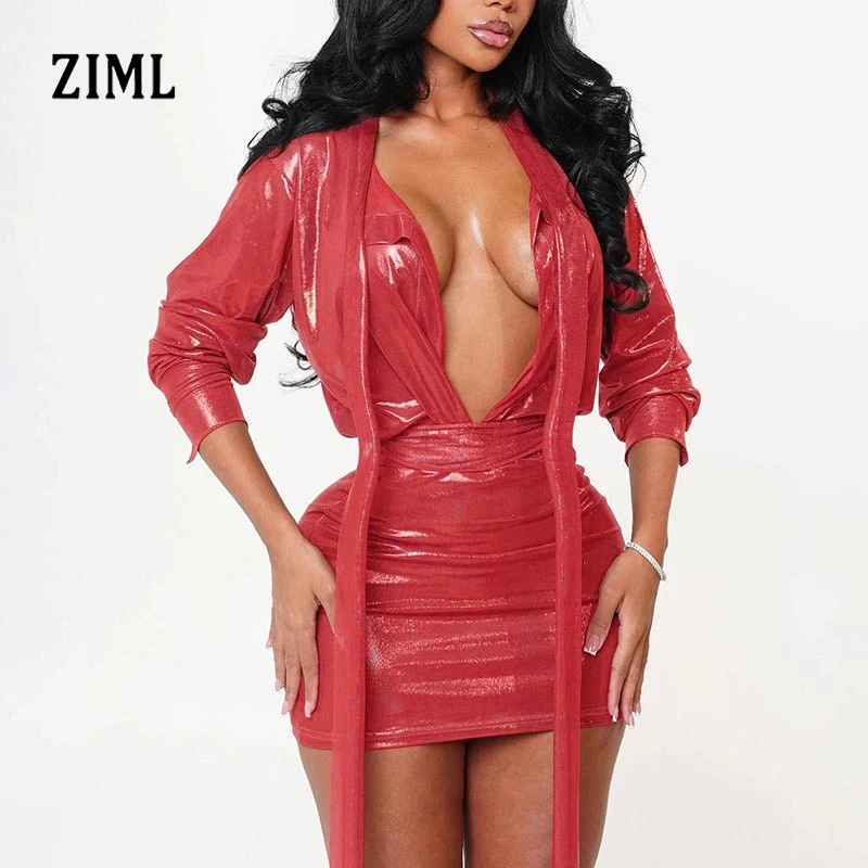 

ZIML Solid Sexy Slim Fit Two Piece Sets For Women V Neck Long Sleeve Transparent Straps Top High Waist Skirt Chic Set Female New