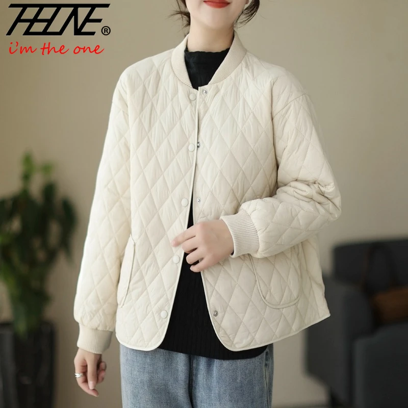

THHONE Autumn Winter Women Padded Jacket Down Cotton Coat Diamond Grid Loose Solid Warm Casual Long Sleeve Clothes Top Outerwear