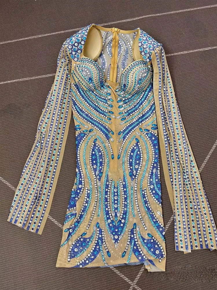 Wysokiej jakości sukienka z dżetami, seksowny głęboki dekolt, elastyczna, podkreślająca biodra, nowa moda 2025, odzież damska na zamówienie.