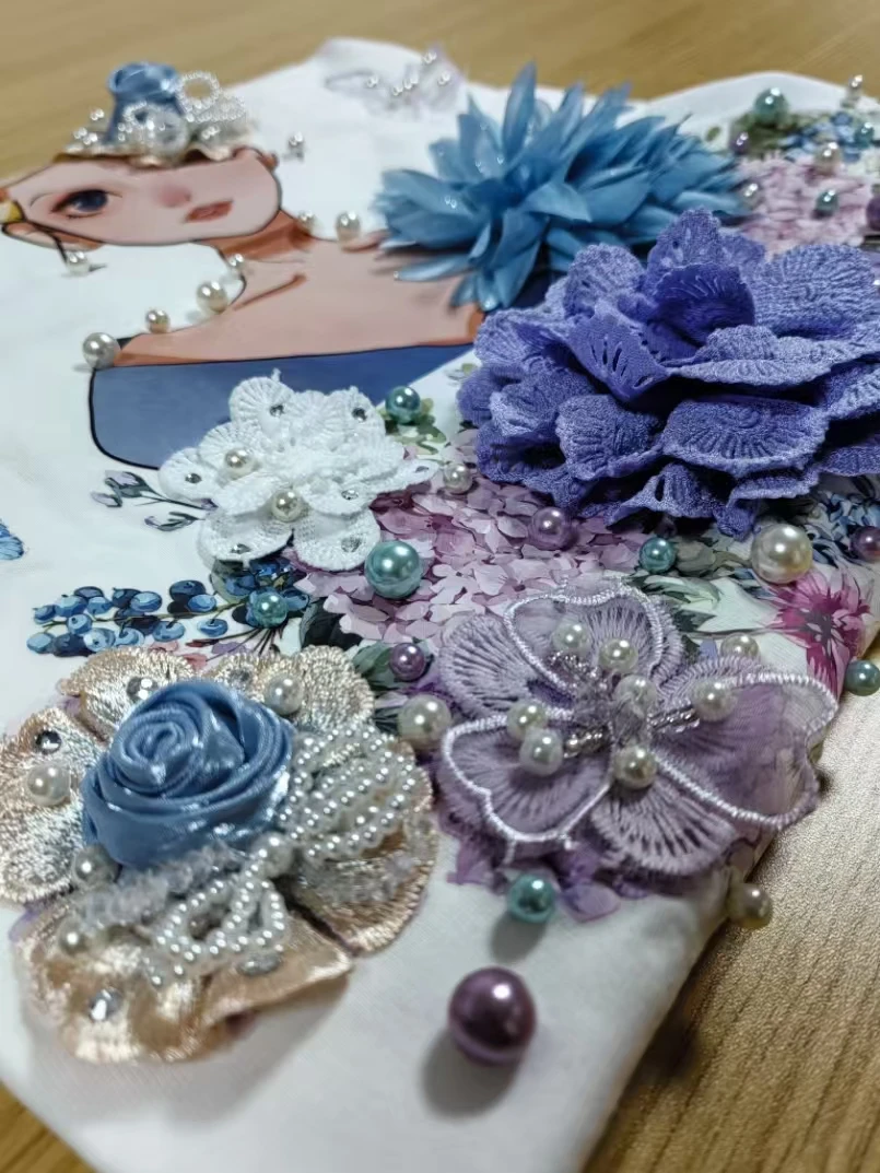 

Luxury Design Y2K Clothes Pearls Beads White Cotton T-shirt For Women's Short Sleeve 3D Flowers Tops Tees Female Clothing Tshirt