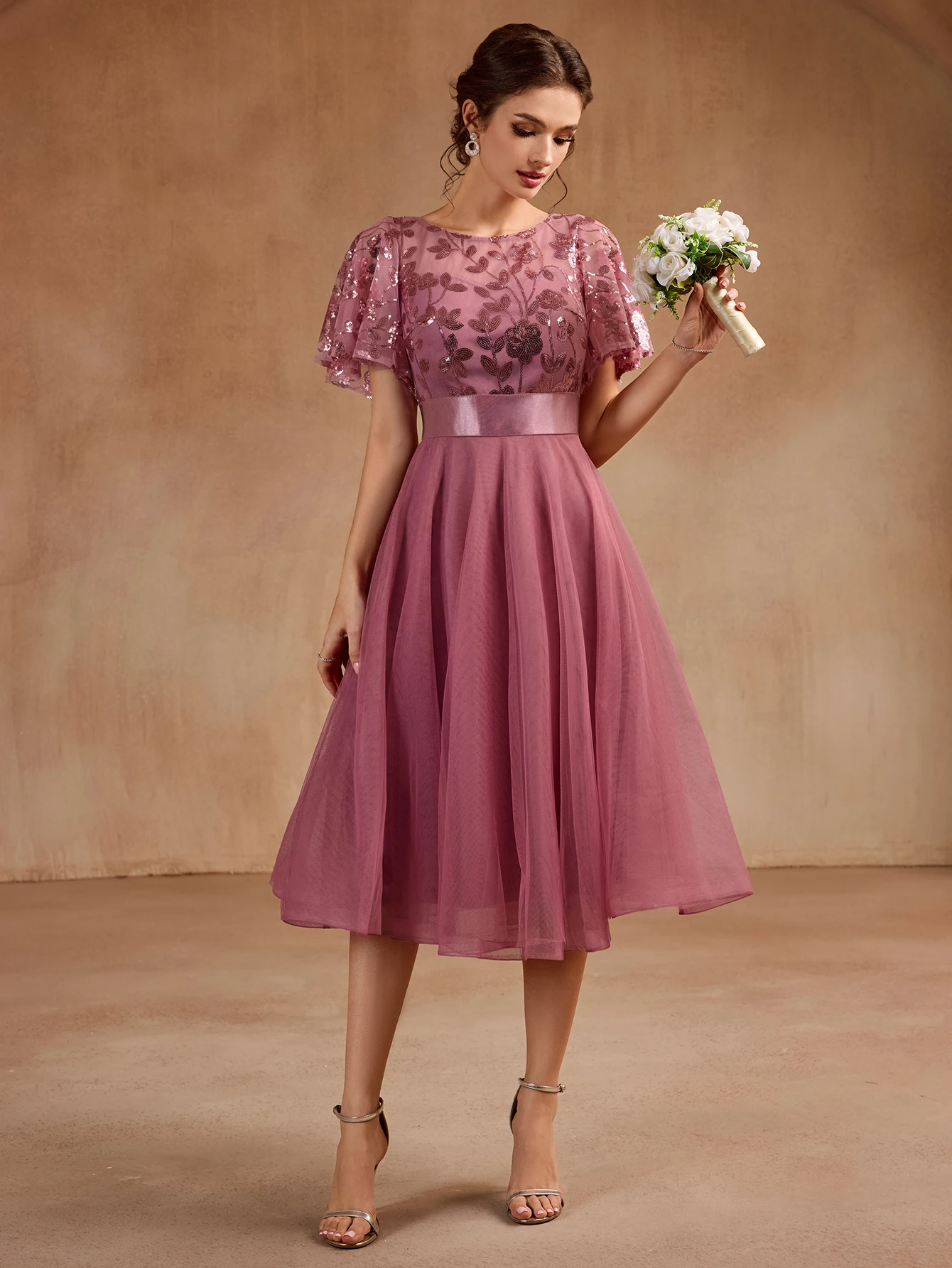 2025 جديد قصير الأكمام س الرقبة ثوب مسائي الدانتيل التطريز فستان خادمات الزفاف ألف خط الكرة ثوب حفلة عيد ميلاد فستان #1