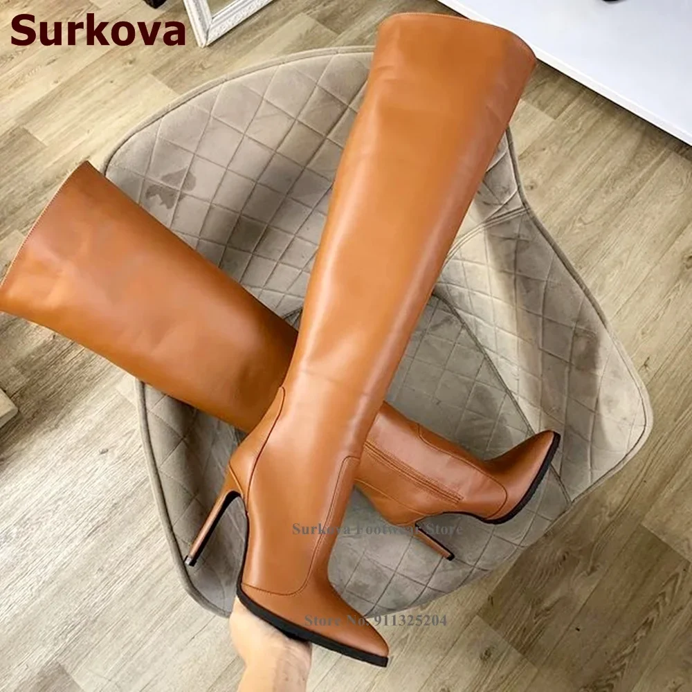 Surkova-Bottes au-dessus du genou pour femmes, talons hauts fins, cuissardes pointues Parker, marron 256, chaussures de piste, design unique, automne, hiver