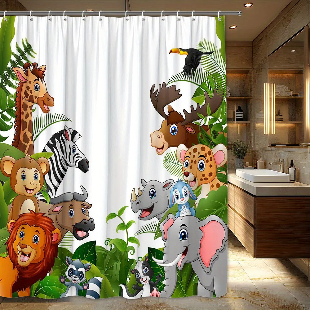 

1pc Jungle Safari Shower Curtain with 12 Hooks - Vibrant Cartoon Animals Design Featuring Giraffe, Zebra, Lion, Elephant, Rhino,
