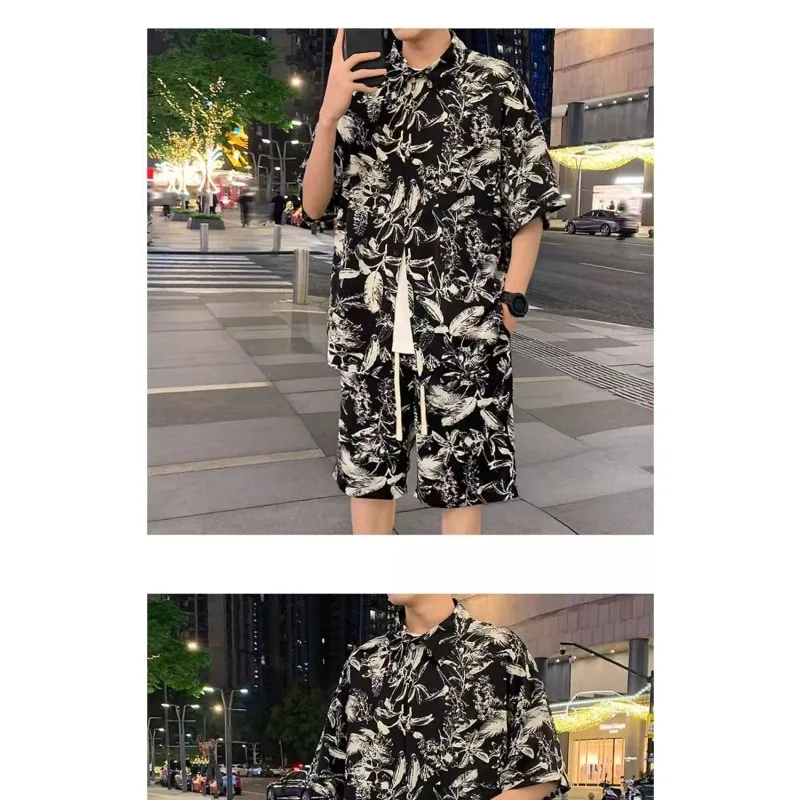 Summer Outdoor Running Fitness Trend Printed Short Sleeved Shirt 5-point Shorts Set Men Fashionable Breathable Quick Drying Set
