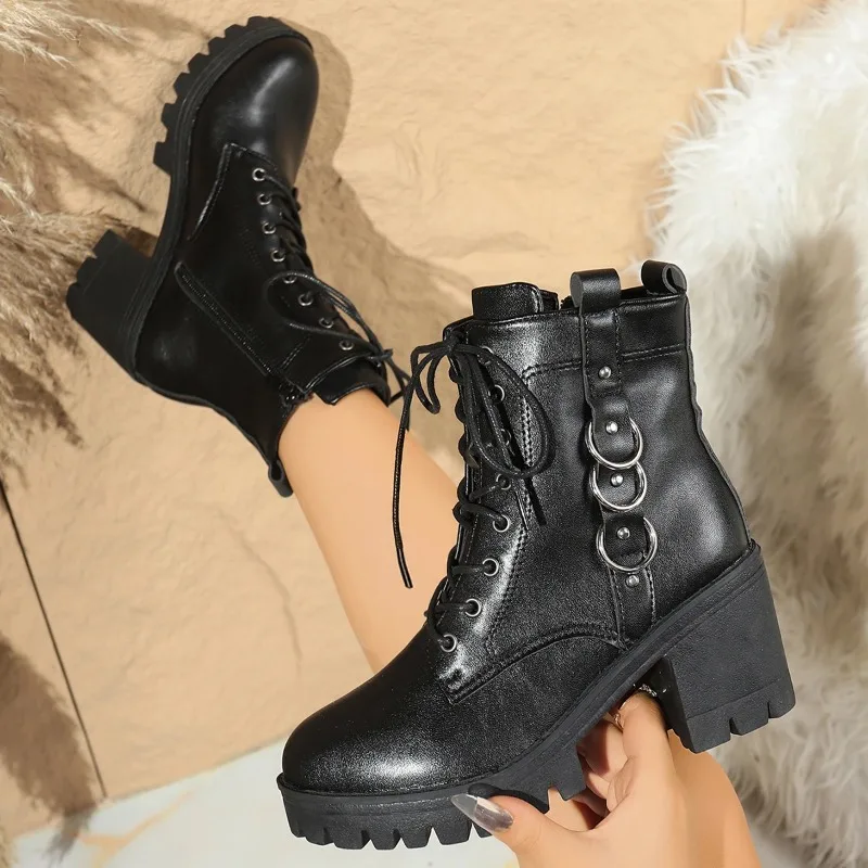 

Fashionable New Style Comfortable Casual Women's Boots Winter Sexy Elegant Solid Color Round Toe Lace Up High-heeled Short Boots