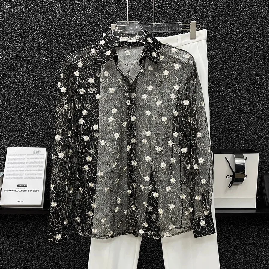 

Casual Retro New Daisy Hollow Shirt Jacket, Men's Long Sleeve Lapel, Stylish Loose Shirt, Fashion Brand Men's Clothing
