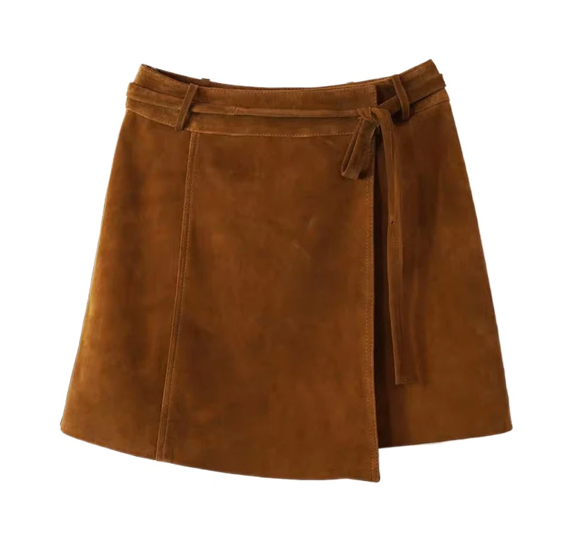 Vintage Micro Skirt Suede Real Leather Mini Skirt Sashes for Women Autumn Korean New Simple High Sheepskin