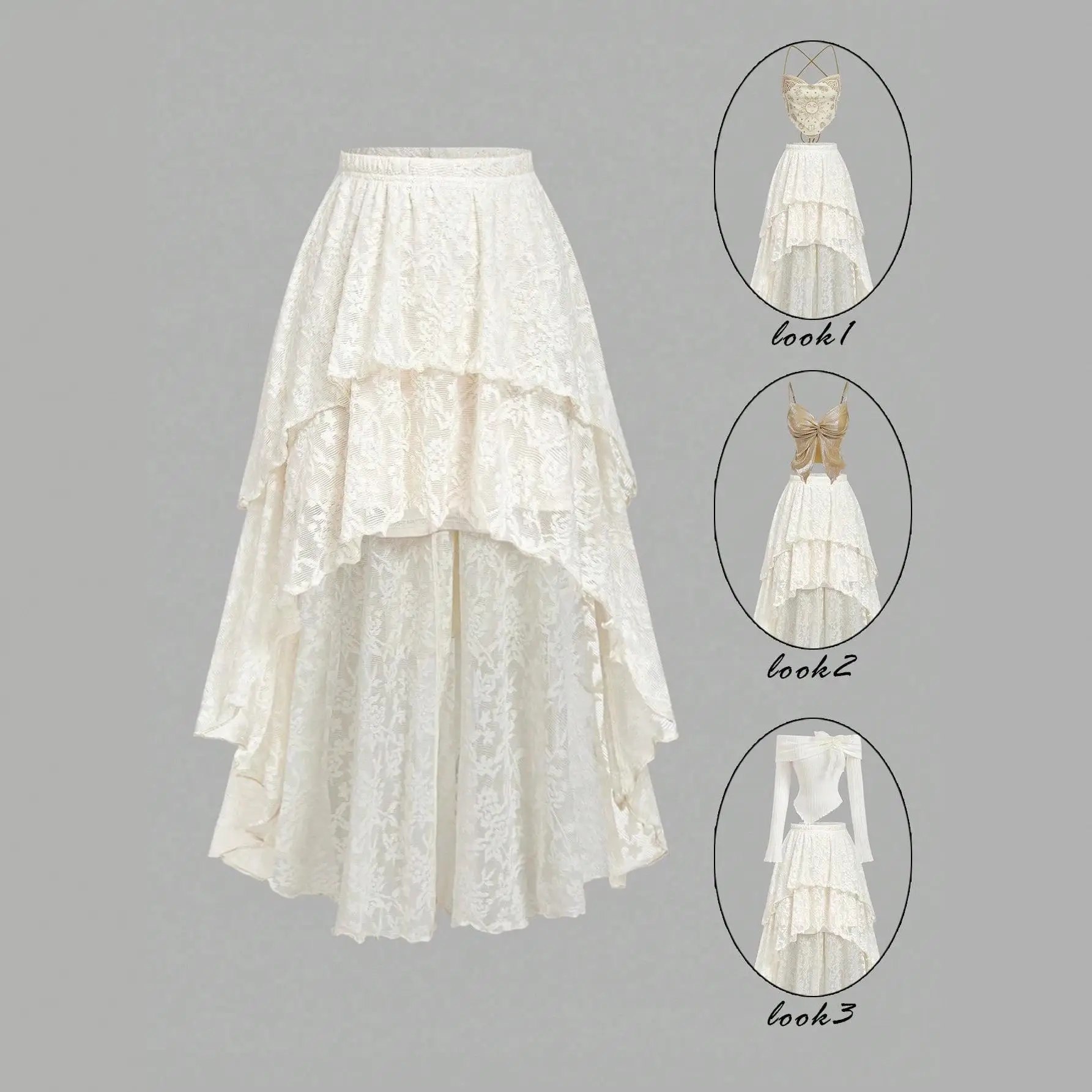 Elegant Lace Embroidery A-Line Midi Skirt Cake Design Three-Layer Asymmetrical Hemline mid Waist Sexy Style for Travel Use