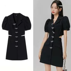 Fashion Women Notched Neck Black Mini Dress Sweet Summer Crystal Bows Buttons Sexy Waist Hollow Out Puff Sleeve Party Vestidos