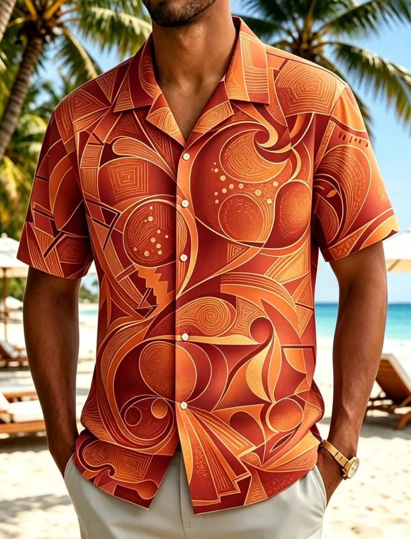 Men's Fashion Abstract Geometric Curve Print Short Sleeve Lapel Shirt Summer Holiday Beach Loose Casual Streetwear Mens Clothing