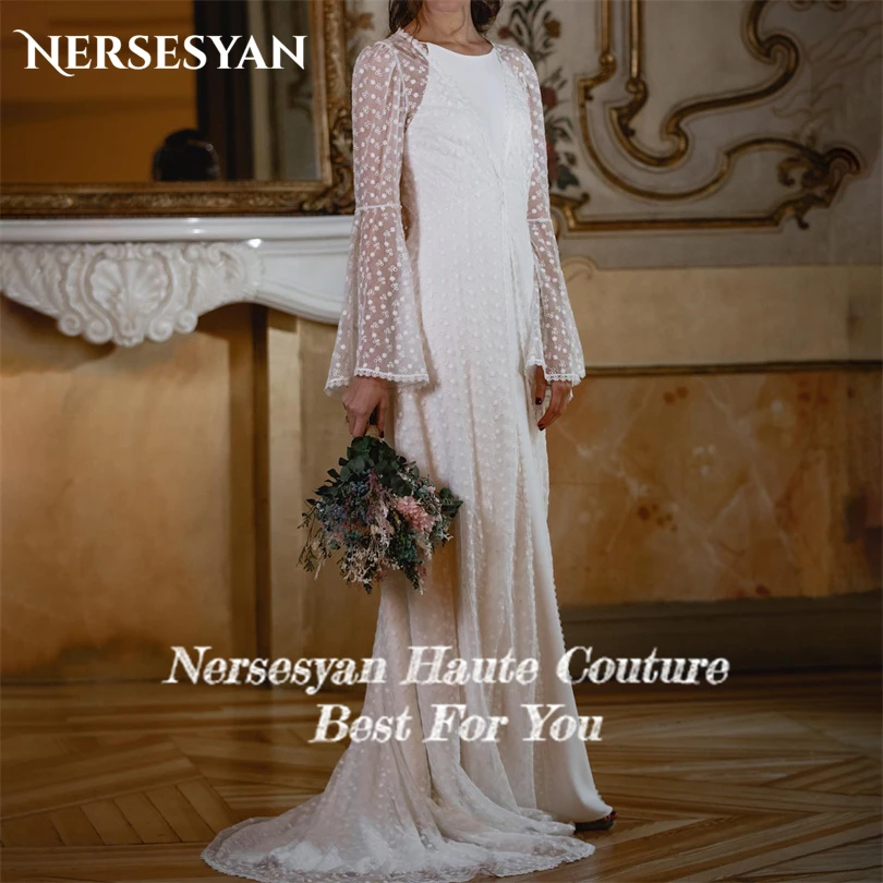 Nersesyan Vintage Lvory Tulle Wedding Gown Long Sleeves O-Neck Pleated Bridal Dresses Sexy A Line Draped 2023 Vestidos De Novia