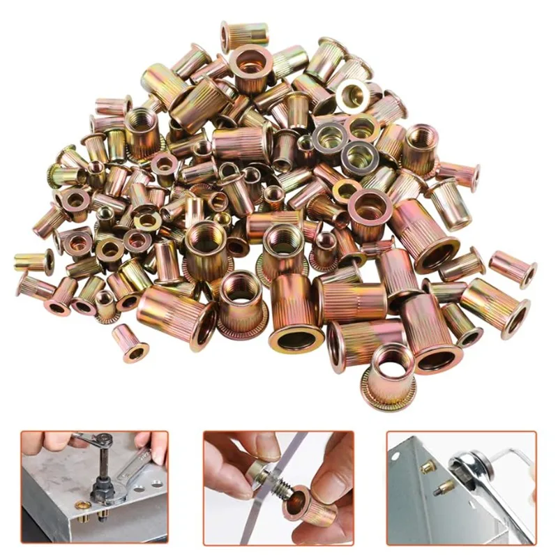 10/20/50/100Pcs Galvanized Steel Rivet Nuts M3 M4 M5 M6 M8 M10 M12 Flat Head Threaded Rivet Insert Nutsert Cap Rivet Nut Riveter