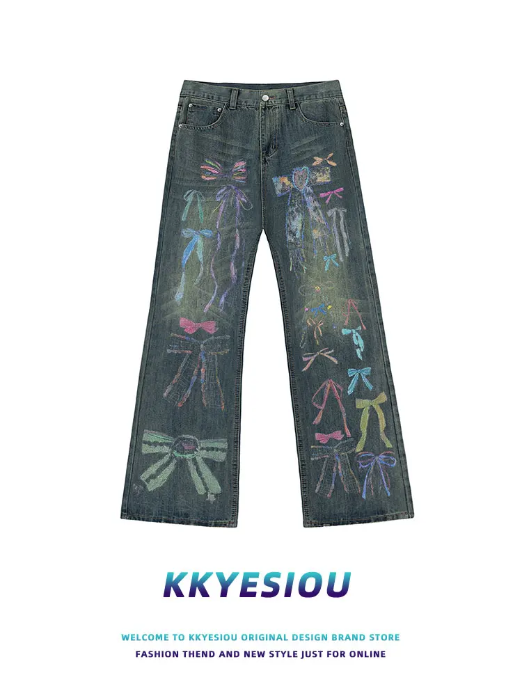 

KKyesiou American Style Casual Denim Jeans with Knot Graffiti Print Straight Leg Trousers for Men And Women