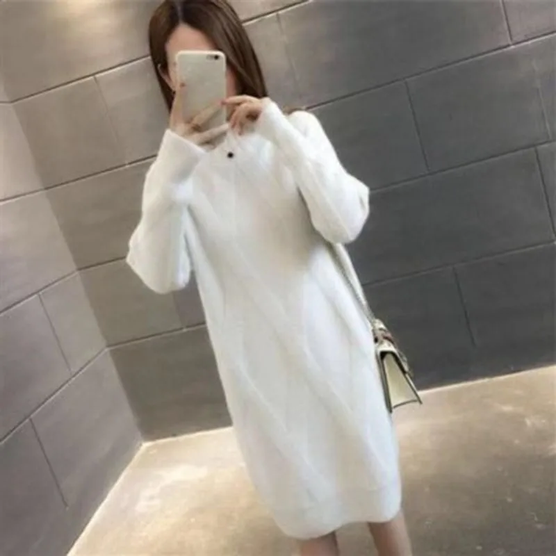 Coreano mezzo collo alto maglione dritto vestito donna inverno Casual al ginocchio manica lunga fondo caldo abiti lavorati a maglia femminile