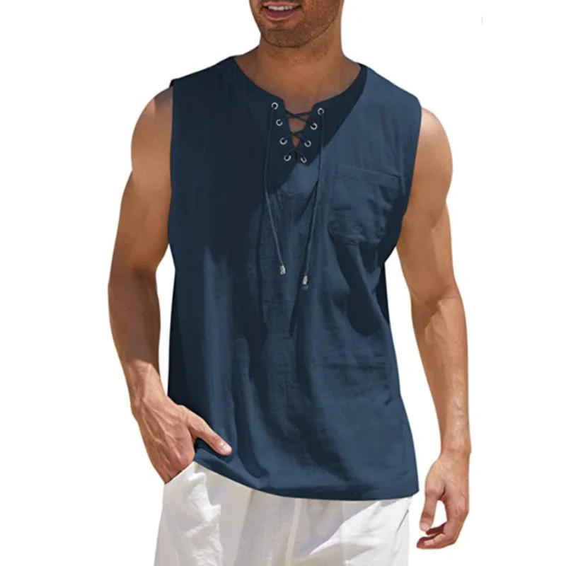 Men\'s Tank Tops Summer Fashion Solid Color Loose Cotton Linen Shirt Casual Beach Style Sleeveless T-Shirt Lace Up Man Vest Tops