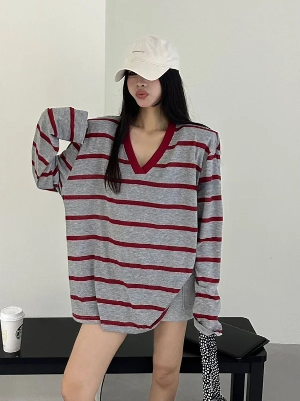 Loose Fit Women's Striped V-Neck Long Sleeve T-Shirt Summer Slimming Sun Protection Top American Retro Style plus Size Tee