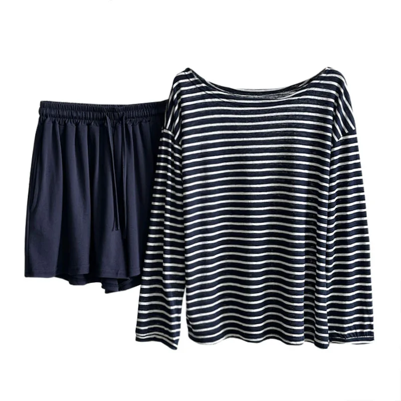 

2 Piece Matching Set for Women Top and Skirt Casual Style Summer loose women's sports pants+striped sunscreen shirt