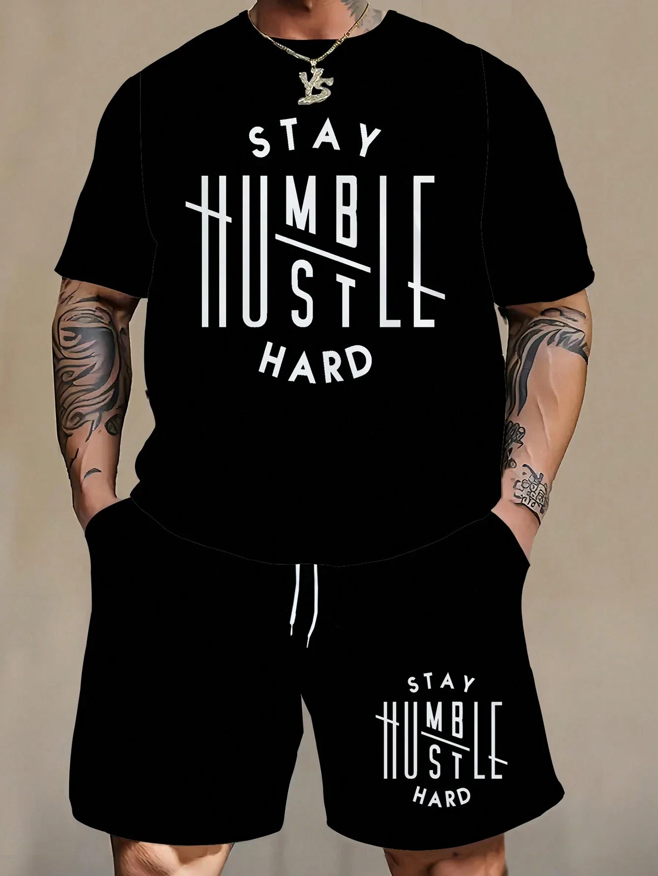 

Men's Plus Size Stay Humble Hustle Hard Printed T-Shirt Shorts Set
