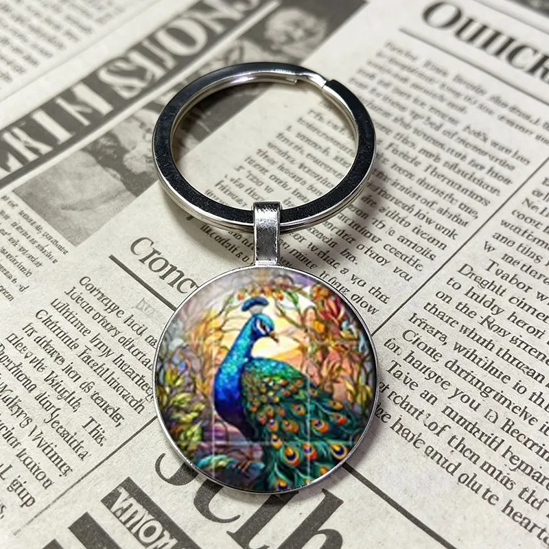 Elegant Animal Peacock Art Print Key Holder Gift, Floral Frame Peacock Time Gem Key Ring For Charm  Ideal Gift
