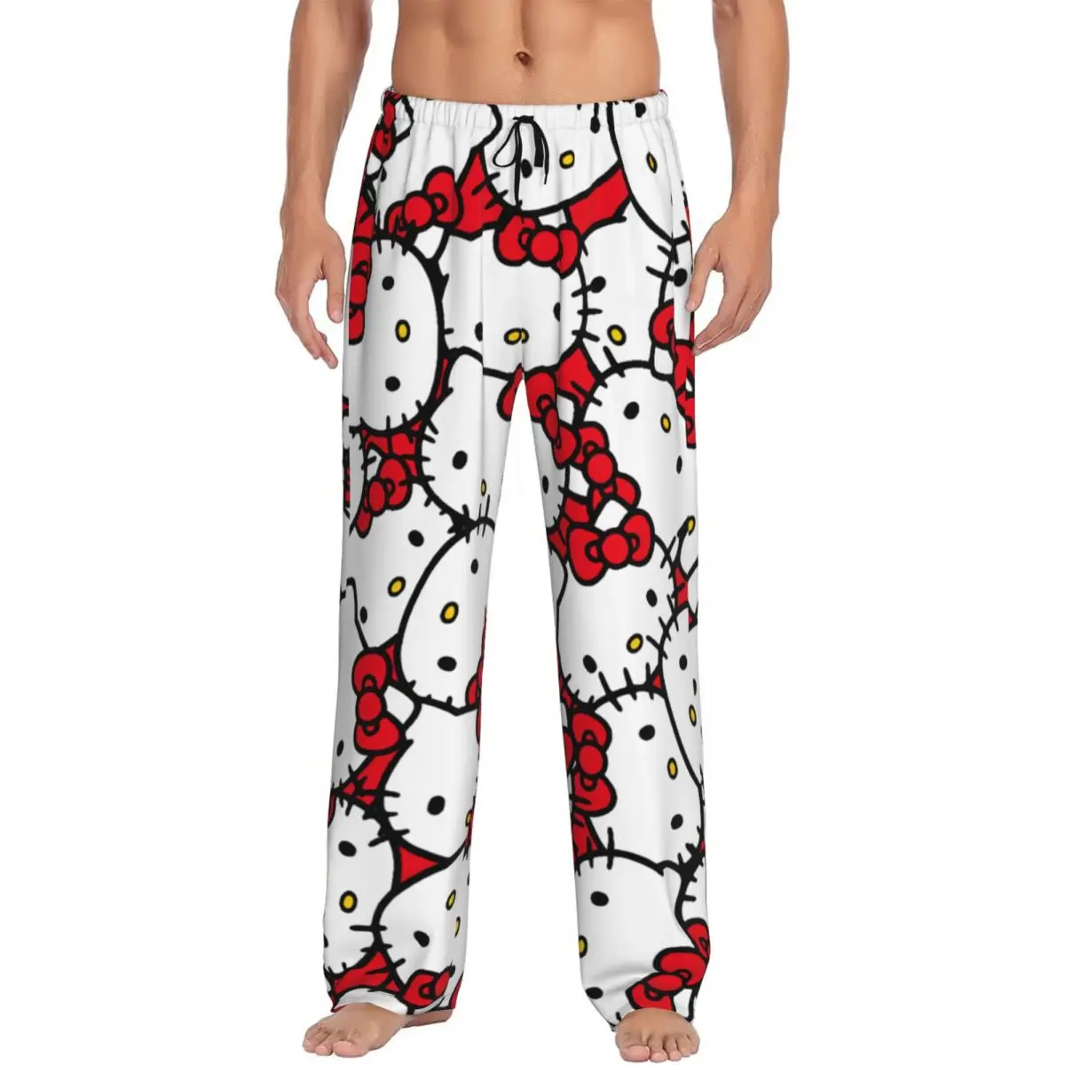 

Custom Pink Bow Animated Anime Hello Kitty Pajama Pants for Men Sleepwear Lounge Sleep Bottoms Stretch with Pockets