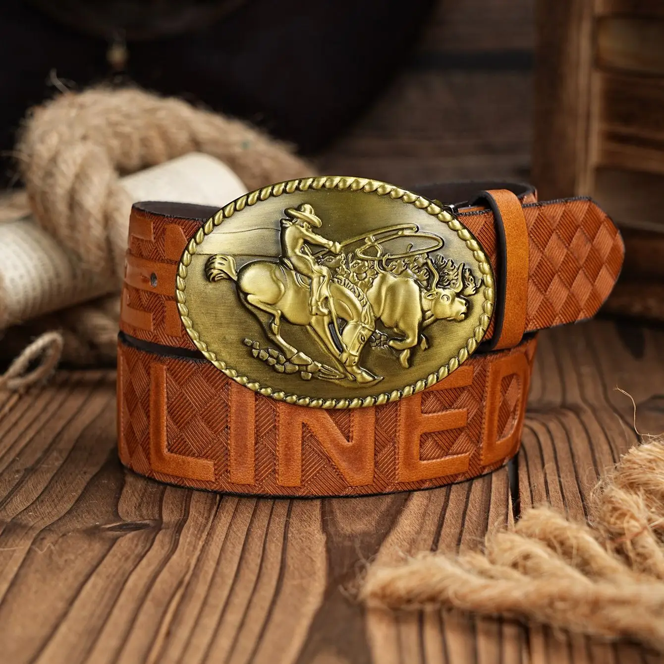 Western Cowboy PU Leather Belt - Men Waist Strap Bull Decoration Floral Engraved for Jeans