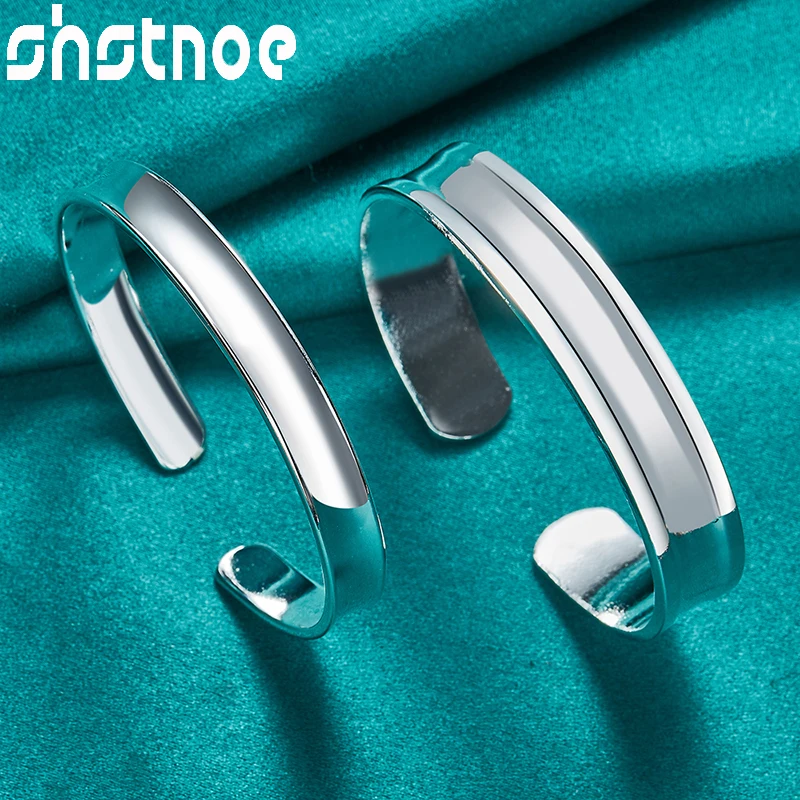 

SHSTONE 2pcs 925 Sterling Silver Smooth 8mm 12mm Bangle Fashion Charm Jewelry Sets For Woman Men Wedding Engagement Christmas