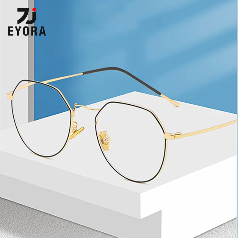 

EYORA Retro Metal Polygon Anti-Reflective Reading Glasses Anti Blue Light Myopia Eyewear Photochromic Prescription Eyeglasses