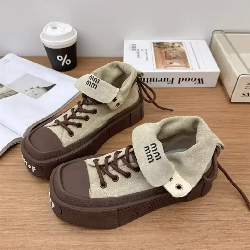 Women\'s Boots Matte Leather Lapel High Top Casual Shoes Letter Thick Sole Retro Lace Up Height Increasing Skateboard Shoes