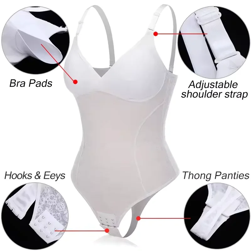 V-Neck Lace Thong Bodysuit Women Sexy Shapewear Top Tummy Control Waist Trainer Body Shaper Removable Chest Pad Slimming Corset