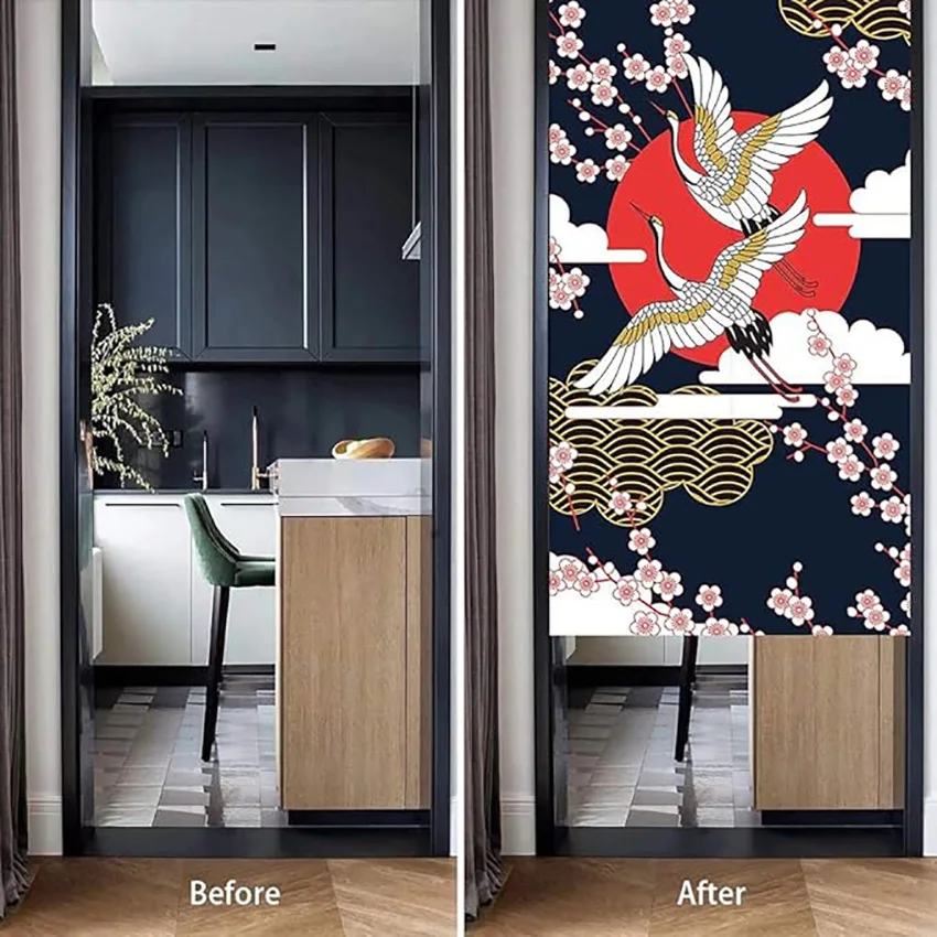 Japanese Noren Doorway Curtain Wide Artistic Crane and Sakura Tapestry Wall Hanging Kitchen Partition Bedroom Door Decor