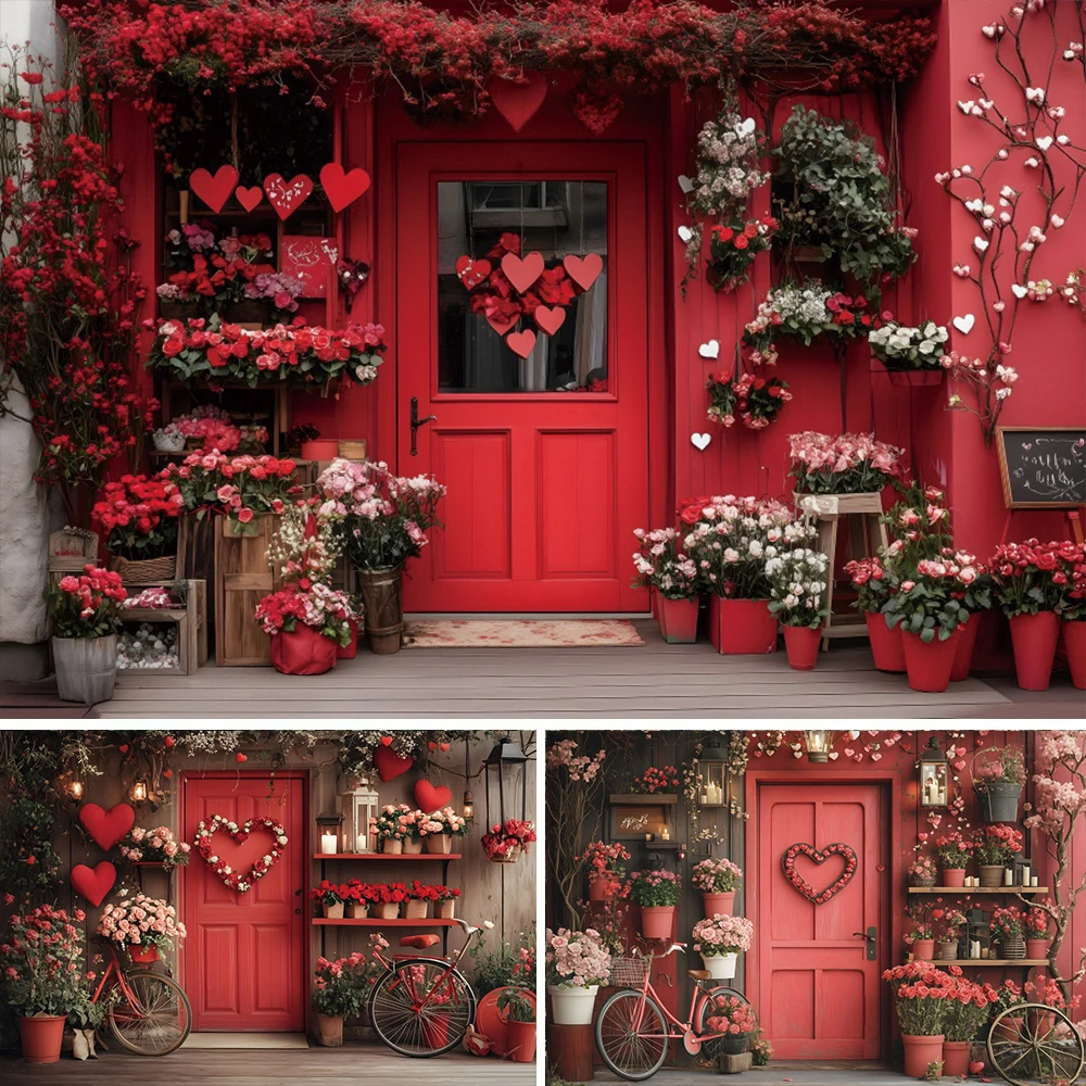 

Valentine's Day Red Wooded Door Backdrop Pink Rose Love Heart Wedding Party Bridal Shower Backdrops for Photography Photocall