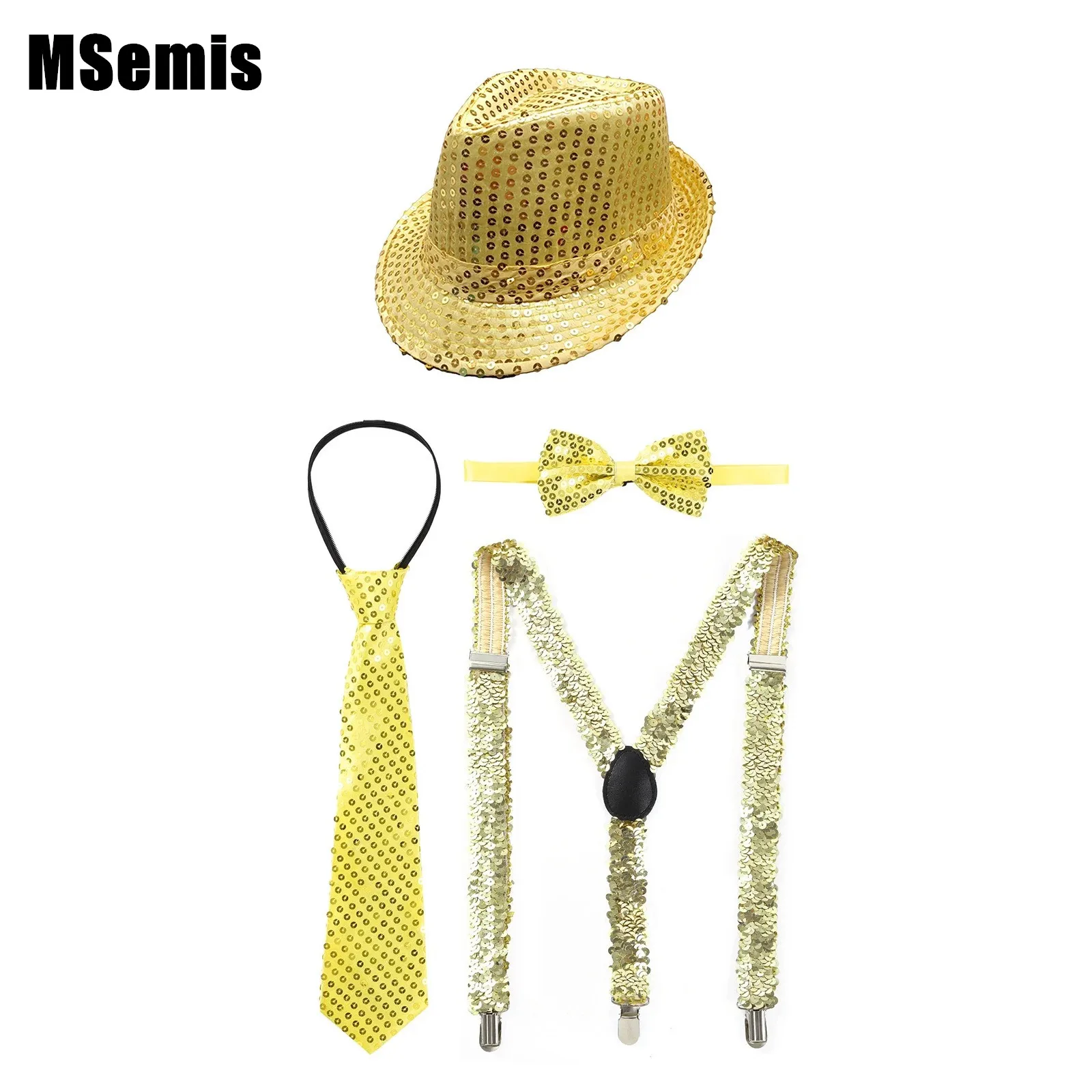 Unisex Sequin Party Props Set Adult Stylish Jazz Hat Elastic Y Shape Adjustable Suspenders Pre-tied Necktie And Bow Tie