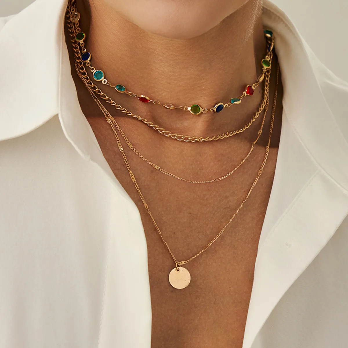 

SHIXIN Elegant Colorful Crystal Chain Choker Necklace for Women Vintage Multilayer Metal Chain Necklace Party Wedding Jewelry
