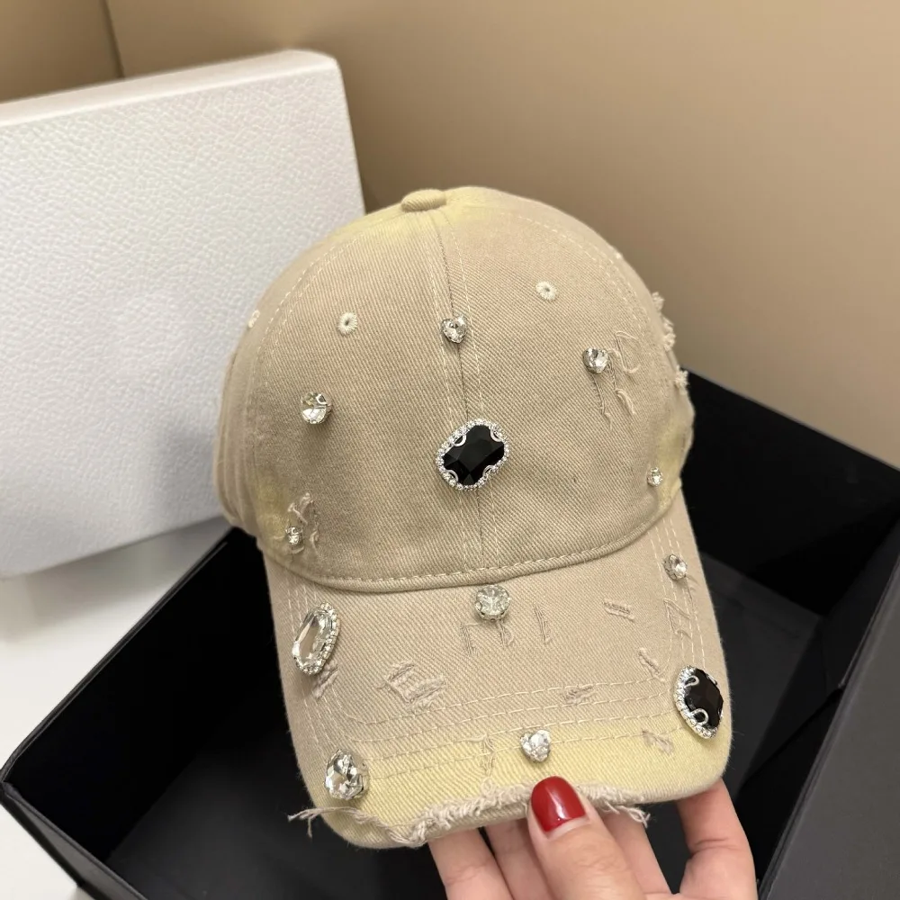 Cotton Rhinestone Baseball Cap Torn Effect Rhinestone Embellished Hip Hop Cap Vintage Wash Adjustable Snapback Tennis Cap