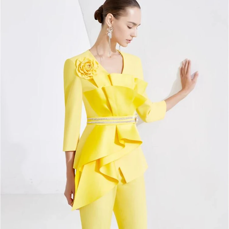 new spring autumn Banquet Moderator brand female women girls yellow coat pants sets suits clothing