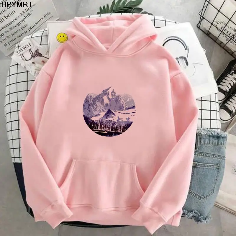 2022 hipster hoodie moda feminina casual de manga comprida montanha pico impressão com capuz dos desenhos animados animal pulôver camisola solta topos