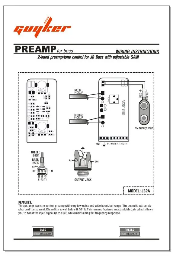 1 Set GUYKER 2-band Preamp/tone control  for JB Bass with adjustable GAIN (With Jazz Bass Control Plate+Control Knob)