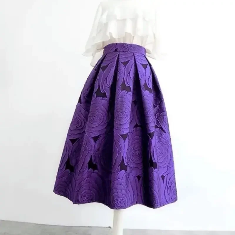 Rose Purple Floral Elegant Chic High Waist Ball Gown Loose Women's Skirt Knee-Length Long Skirts For Women Clothing Fashion 2025